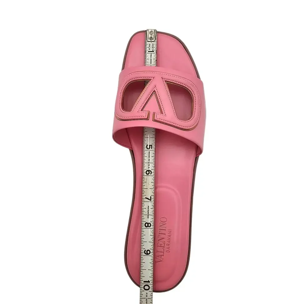 Valentino Garavani VLogo Flat Slide Sandal Pink Leather Logo Cut Out Size 39 9